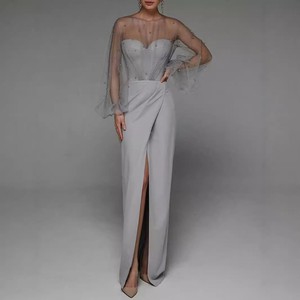 Vestido de noche para mujer, manga larga, con cuentas de perlas, escote corazón, abertura lateral, gris, poliéster, vestido formal de fiesta - Product Image 1