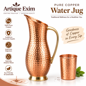 Vintage Hammered <b>Copper</b> Water Jug – Handmade with Elegant <b>Handle</b> for Beverage Serving & Table Decor - Product Image 1