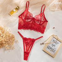 Ensemble de lingerie en dentelle brodée de fleurs de style français séduisant, 2 pièces, femme, sexy, transparent, corset et culotte, tenue érotique