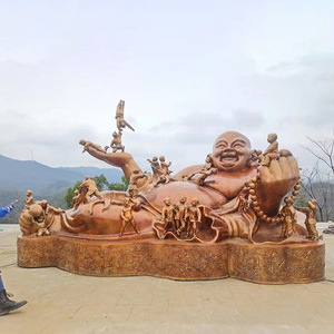 Sculpture de Bouddha Maitreya en fibre de verre sur mesure, grande taille, finition bronze, avec figurine de cent enfants jouant, à poser au sol - Product Image 4