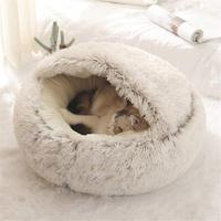 Besky hiver chaud longue peluche moelleux à capuche chien chat beignet lit grotte apaisant lavable cabane lit