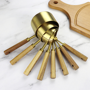 Premium Tool for Accurate Measurements 8-Piece Wood Handle Gold Stainless Steel <b>Measuring</b> Cups and <b>Spoons</b> Set - Product Image 3