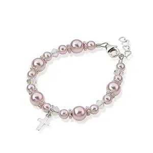 Silver Cross Charm Keepsake Girl Baby Pink Pearls White Crystals Bracelet