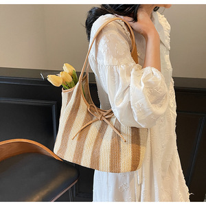 2025 Luxury Large Capacity Borsa <strong>Mare</strong> Beach Bag Straw Handbag Tote with Sweet Bow Mesh Solid Color Beach Bag Custom logo - Product Image 3