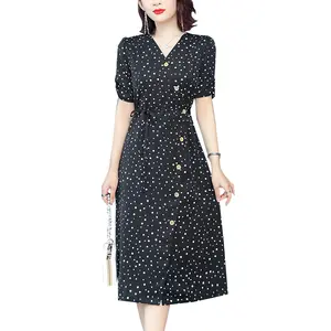 Summer new short sleeve Chiffon dress Female Korean fashion large size loose middle-aged mother over-knee polka dot dressre