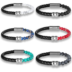 Pulsera de Moda con Cuentas de Piedra de Lava y Ojo de Tigre Natural de Lujo, Cierre Magnético de Acero Inoxidable, Pulsera de Cuero para Yoga - Product Image 1