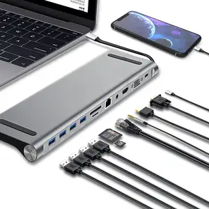 FARSINCE 11 in 1 타입 C 허브 도킹 스테이션 타입 C to HDMI VGA 이더넷 USB3.0 3.5mm 오디오 SD TF PD USB C 11 포트 1 허브