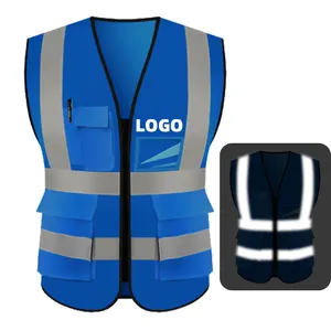 การมองเห็นสูง CE EN20471 S-3XL เสื้อกั๊กสะท้อนแสงเพื่อความปลอดภัยงานก่อสร้างเสื้อแจ็คเก็ตเทปสะท้อนแสงหลายกระเป๋า