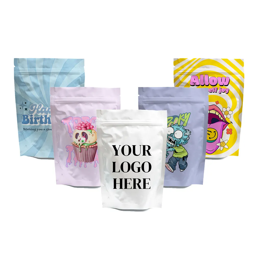 Saquinhos plásticos com logotipo impresso personalizado, saquinhos Mylar para biscoitos, embalagens comestíveis à prova de cheiro de 3,5g e 7g com zíper