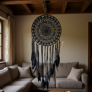 Attrape-rêves 20x65Cm en plumes noires à suspendre au mur, décoration Atrapasueno - Product Image 2