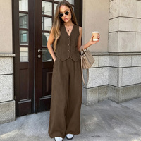 Ensemble deux pièces pour femmes, haut sans manches et pantalon large, col en V, couleur unie, ensemble blazer, coupe ample, tenue décontractée printemps été