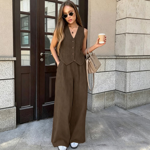 Women's Sleeveless Tops and Wide Leg Two Piece <b>Set</b> V-Neck Solid Color <b>Blazer</b> <b>Set</b> Loose Fit Casual Spring Summer Outfit - Product Image 1