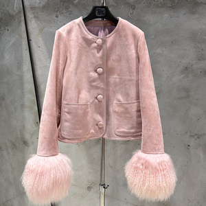 Elegant Suede Outerwear with Fur Cuffs Luxury Suede <strong>Jacket</strong> <strong>Women</strong> <strong>Pink</strong> Suede <strong>Jackets</strong> - Product Image 1