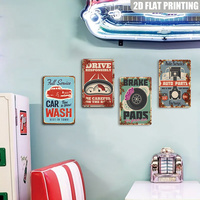 Letrero Metálico de Lavado de Autos con Servicio Completo, Decoración de Pared Retro Vintage Azul y Roja con Diseño de Auto Clásico para Garaje y Cuarto de Hombre