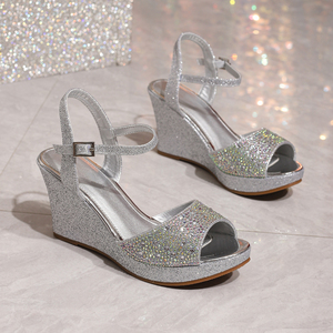 Sandali Estivi da Donna con Tacco Alto e Sottile, Decorati con Strass Argentati Lucenti, in Pelle PU Scintillante, Tendenza Moda - Product Image 3
