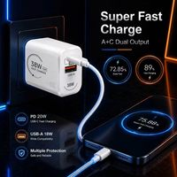 Chargeur USB C PD 38W avec prise EU/US/UK, 2 ports, charge rapide, adaptateur pour téléphone portable Type C, chargeur super rapide 38W USB-C+USB-A