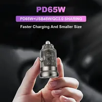 Chargeur de voiture transparent haute puissance 65W, double port PD QC à charge rapide, design à anneau de traction, mini adaptateur allume-cigare