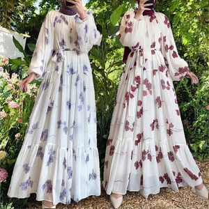 Muslim Summer Prayer Women's Modest Fashionable Elegant Resort Middle East Neck Abaya Chiffon Floral Beaded Belt Maxi <b>Dress</b> - Product Image 2