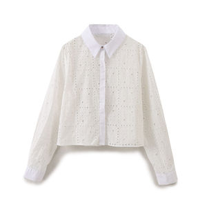 Chemisier blanc uni tissé à col rabattu boutonné avec broderie, style décontracté et tendance pour femme - Product Image 1