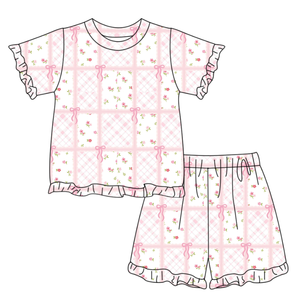 GSSO3339 Conjunto de Verano Personalizado para Niña Pequeña, con Estampado de Flores y Lazos Rosas, Conjunto de Manga Corta para Niña, Venta al Por Mayor - Product Image 1