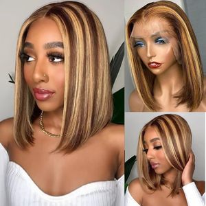 Perruques en gros prêtes à être expédiées, tissages et perruques, couleur marron miel 1B, perruques bob droites en cheveux humains avec dentelle frontale - Product Image 2
