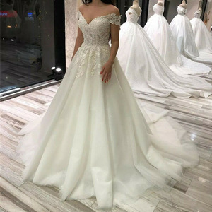 Off-the-Shoulder Wedding Dress With <b>Lace</b> Floral Mesh Train Ball Gown <b>White</b> Sweetheart Neckline Natural Waistline JM033 - Product Image 4