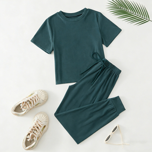 Ensemble de pyjama décontracté à col rond de haute qualité, très vendu, couleur unie, manches courtes, vêtements de détente pour femmes, pour le printemps, l'été et l'automne - Product Image 1