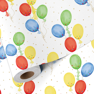 Papel de regalo con temática de globos para fiestas infantiles, estampado de globos en rojo, azul, amarillo y verde vibrantes, rollo de papel para envolver regalos de cumpleaños para niños y niñas - Product Image 1