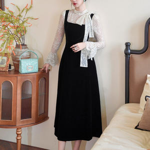 فستان ZYHT 21925 أنيق من المخمل الأسود بطول متوسط مع بلوزة شيفون منقطة، فساتين نسائية بربطة عنق وياقة عالية - Product Image 1