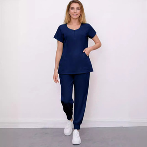 Women Hospital Scrubs Uniform Set Short Sleeve Elastic Waist Moisture Wicking Knitted Split Set For Medical Workwear - Product Image 4
