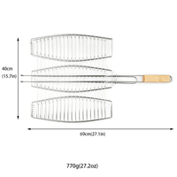 Panier de barbecue robuste de 69 cm avec poignée en bois, filet de cuisson en fil de fer électroplaqué pour poisson et légumes