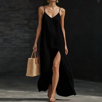 Nouvelle Robe Longue d'Été Femme Style Européen et Américain Col V Bretelles Fines pour Vacances et Plage Coupe Ajustée
