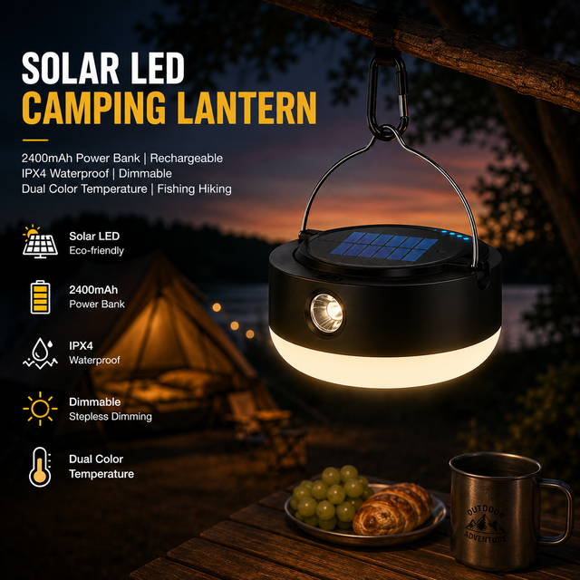 Solar LED Camping Lantern with 2400mAh Rechargeable Power Bank IPX4 Waterproof Dimmable Dual Color Temp for Fishing Hiking Tent