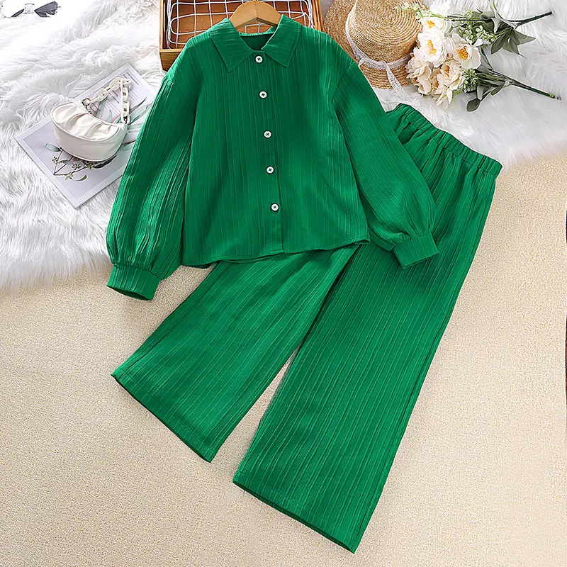 Spring new children's lapel long-sleeved shirt tops and trousers girls' suits