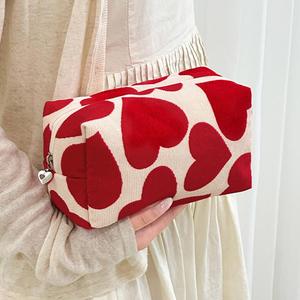 Grande trousse de maquillage à cordon de serrage, imprimé cœur, en velours côtelé, organiseur de cosmétiques, pochette de rangement portable tendance pour femmes - Product Image 5