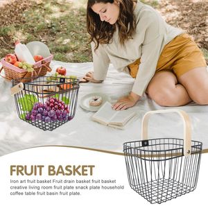 Drahtgitter-Obstkorb stapelbarer Metallaufbewahrungskorb mit Holzgriff für Küche oder Badezimmer