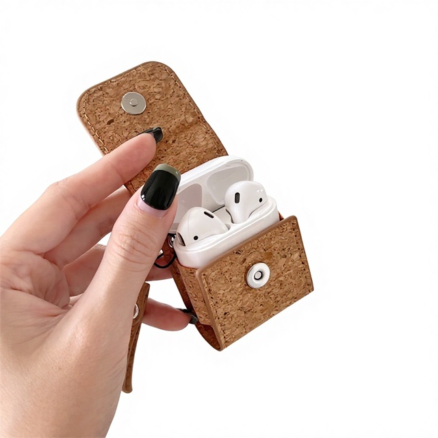 Eco Friendly Cork Material Leather Portable Earphone Protective Sleeve Cover Case for AirPods