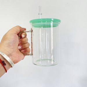 Meilleur rapport qualité-prix : Tasse à café transparente en verre de 17 oz pour sublimation, avec couvercles en PP colorés pour impression à chaud - Product Image 3
