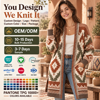 Cardigan long sur mesure pour femme, style bohème, jacquard géométrique, tricot oversize, manteau ouvert, tricot ethnique vintage, OEM ODM
