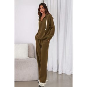 Conjunto Deportivo de 2 Piezas para Mujer, Sudadera Holgada con Cuello en V, Pantalones Deportivos Anchos de Felpa, Conjunto Informal para Otoño - Product Image 4