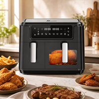Freidora de Aire de Doble Cesta de 3.5L+6L con Preajustes Táctiles, Pantalla Digital Táctil, Ventana de Visualización de Vidrio, Acero Inoxidable sin BPA, Apta para Lavavajillas, con Certificaciones CE y CB