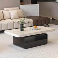 Table basse rectangulaire en pierre style crème avec roulettes et rangement pour petit appartement, salon, mobilier moderne et minimaliste pour la maison