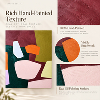 Peinture abstraite géométrique peinte à la main, nature morte, formes bordeaux, olive, bleu pâle, orange, art mural sur toile pour la décoration d'hôtel