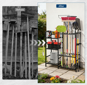 Support de rangement pour outils de jardin en métal à double niveau, pour l'organisation du garage, avec crochets amovibles - Product Image 2