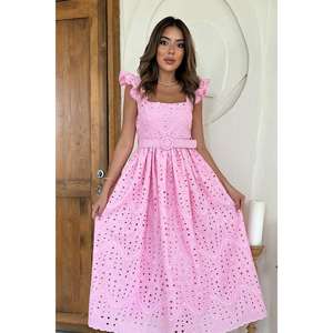 Robe rose brodée coupe trapèze avec découpes, col carré, taille naturelle, en tissu tissé respirant, décontractée et confortable - Product Image 5