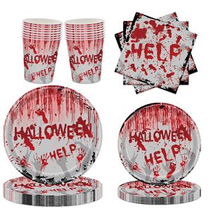 Ensemble de vaisselle d'Halloween à thème main sanglante, 40-60 pièces, assiettes en papier, gobelets, serviettes, fournitures de fête - Product Image 1