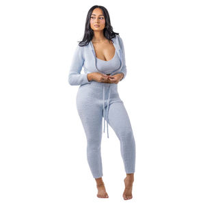 طقم نسائي شتوي بتصميم كوري مكون من قطعتين، سترة هودي قصيرة محبوكة مع بنطلون ليقنز - Product Image 2