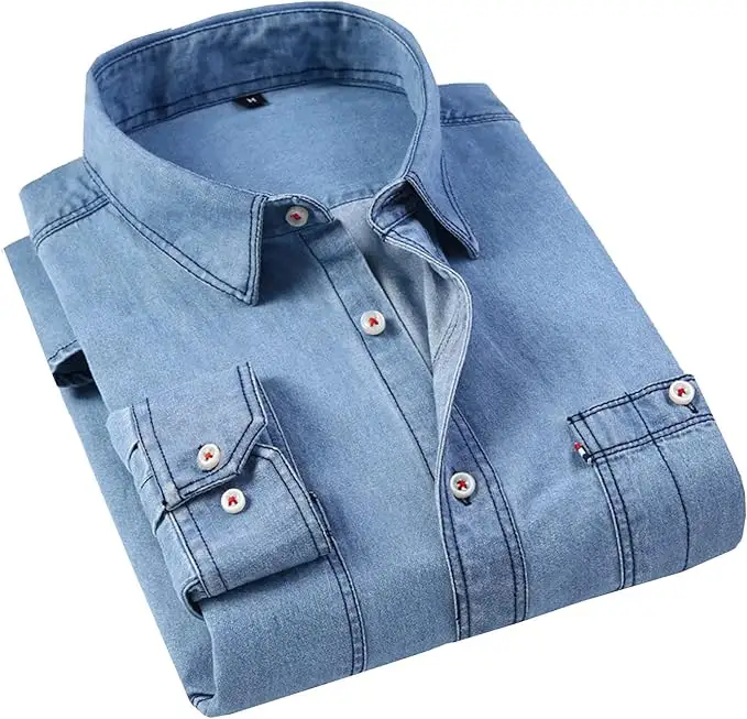 OEM Men's Cotton Custom Long Sleeve Button Down Denim Work Shirt Casual Lapel Vintage Tops