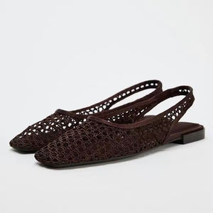 Sandalias Planas de Mujer, Diseño Casual, Tejidas, con Tira Trasera, Ligeras, de Malla, Punta Cuadrada, Estilo Ballet - Product Image 1