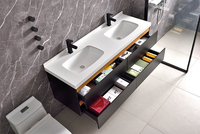 Meuble-lavabo mural flottant moderne de style nordique minimaliste, noir mat, aspect bois, double vasque avec plan de travail